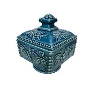 Vintage Enesco Turquoise Pedestal Grapevine Candy Nut Dish with Lid Square Japan
